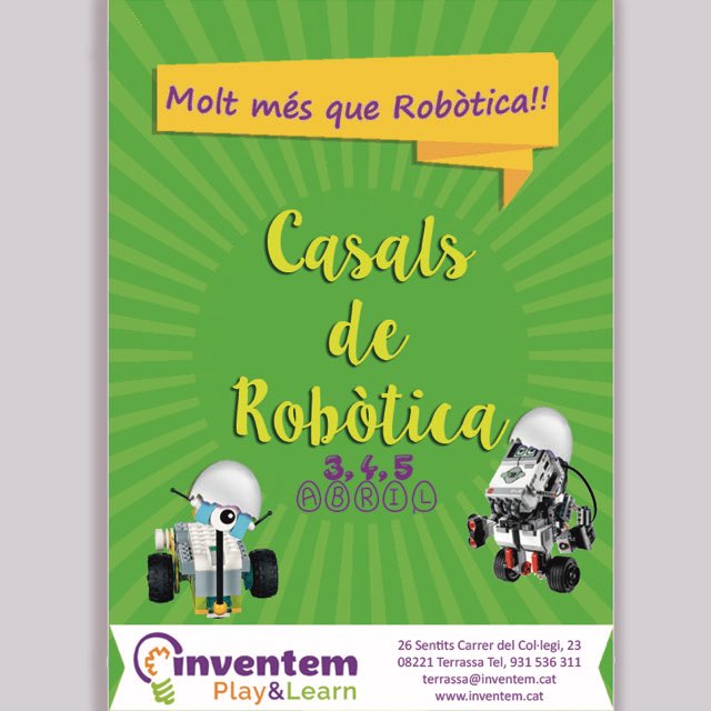 InventemPandL's tweet photo. #Casals de Setmana Santa LEGO Education ROBOTIX a INVENTEM #Terrassa
Casals innovadors i divertits de #roboticaeducativa
👫 de 6 a 10 anys
📅 3, 4 i 5 d’abril
🕘9:00-13:30h
📍c/ Col.legi, 23 #26Sentits
Molt més que robòtica!
Informa’t: 📧 a terrassa@inventem.cat
US ESPEREM! https://t.co/qGdpV2m1GV