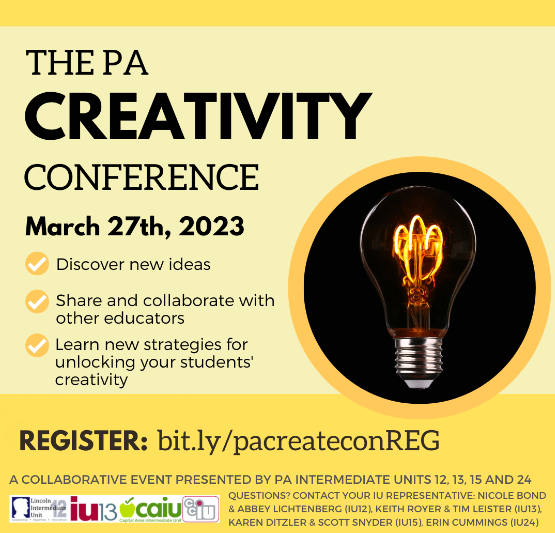 kditzler's tweet photo. Educator Friends-What are you doing on March 27? Join me at the PA Creativity Conference at CAIU!
Features: Keynote, over 30 amazing sessions, lunch, sponsors, giveaways, a Make &amp; Take room, a steel drum band and more! Hope to see you there!
Check it out: https://t.co/IBZ6XYqdgh https://t.co/jueCLu4Xen