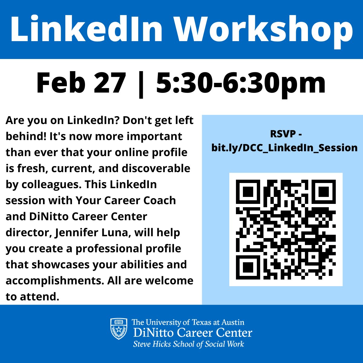 DiNittoCenter's tweet photo. Join us on Monday, 2/27, to learn how to level up your LinkedIn profile. LinkedIn is one of the best ways to open yourself up to new opportunities, so put your best foot forward! 

RSVP at https://t.co/X91LxICxl5 https://t.co/jL219fW9jn