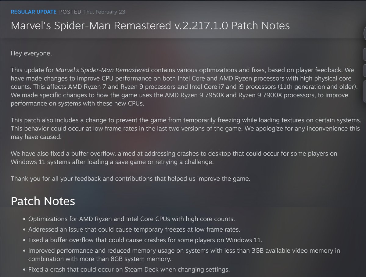 RT @SolidNSnake1985: new Patch update for Spider-Man Remastered on PC https://t.co/cdHABBSZux