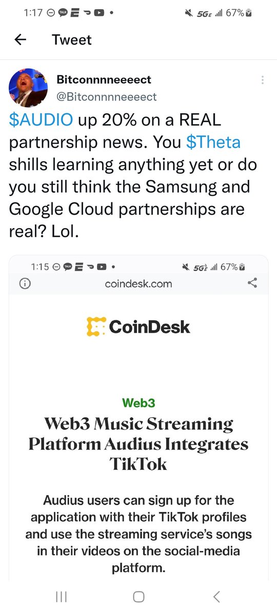 Kinda funny how $audio is involved in Web3 AND streaming, yet you have delusional shills like <a href="/AJ_Theta/">AJ Theta</a> argue until he's blue in the face that Audius is NOT a $Theta competitor. It must be nice to be so clueless. I bet he sleeps like a baby.