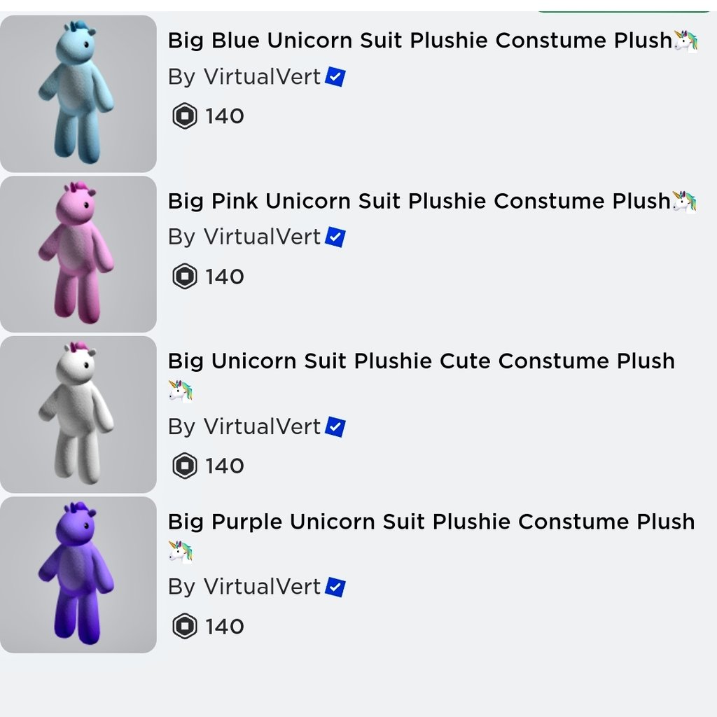 UNICORN ALERT!!
Guys!!!! <a href="/Virtual_Vert/">VirtualVert</a> made unicorn suits!!! 

So shiny and new!! I'm getting the purple one 👀

roblox.com/catalog?Keywor…