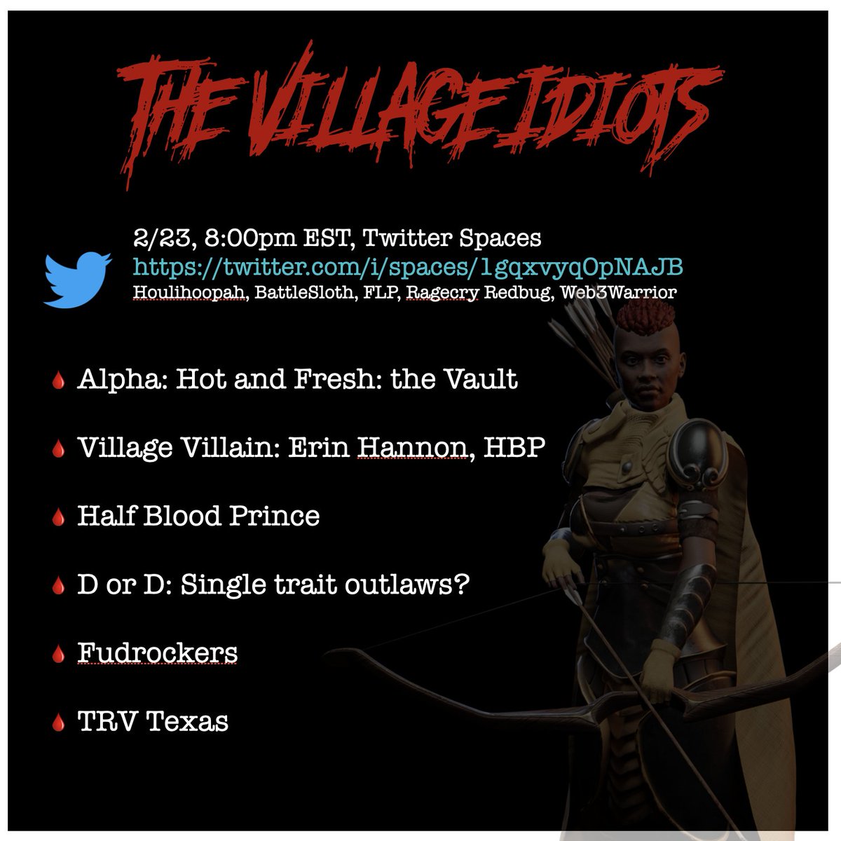 Join us at 8m EST for the weekly chits and chats on all things <a href="/TheRedVillage/">THE RED VILLAGE</a>!

WebWhale stole everyone's champs in 1v1s. The Greek dominated the Half Blood Prince. The Vault is here and the rodeo is near. 

And feeling frisky?...bring a whiskey!

x.com/i/spaces/1gqxv…