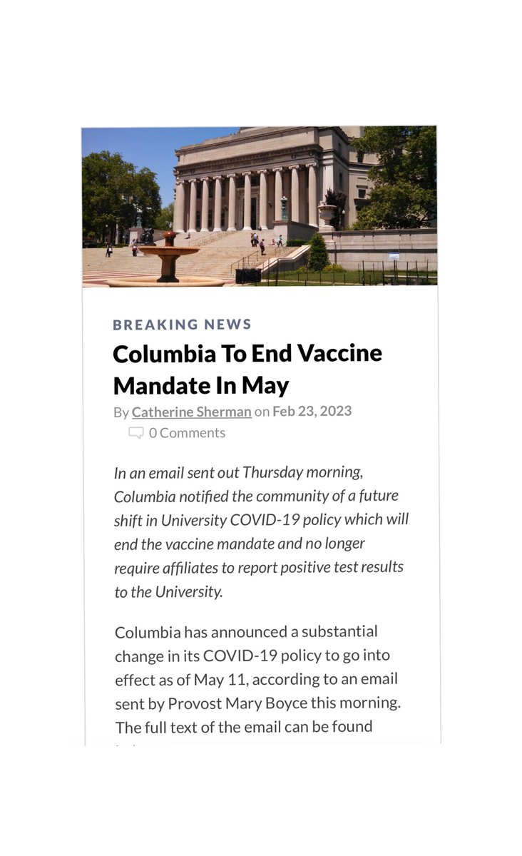 NCM4Ever's tweet photo. This is huge!  ⁦@Columbia⁩ is the first of the Ivy Leagues to drop C19 vaccine mandates. The rest of the 1000 colleges need to immediately follow this return to critical thinking and common sense although we will never forget. https://t.co/r4vJ0zr01p