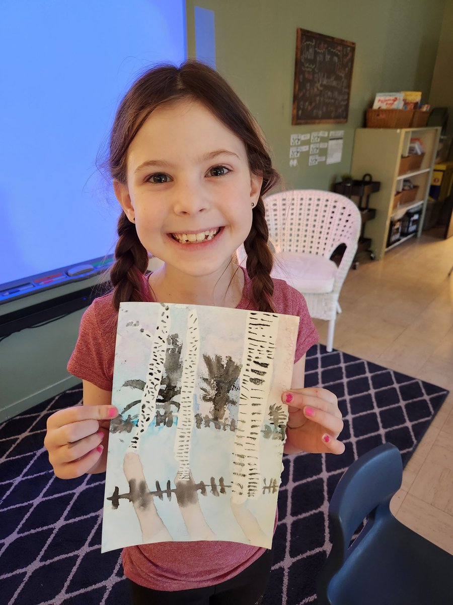 MsFitzSWA's tweet photo. Lots of hard work went into their #DeepSpaceSparkle @GreenwoodGirl winter birch tree art! Watercolours are so beautiful 🎨 It's always sweet to see how excited they are to display their work! @SWATigers https://t.co/KTAZAoA42x