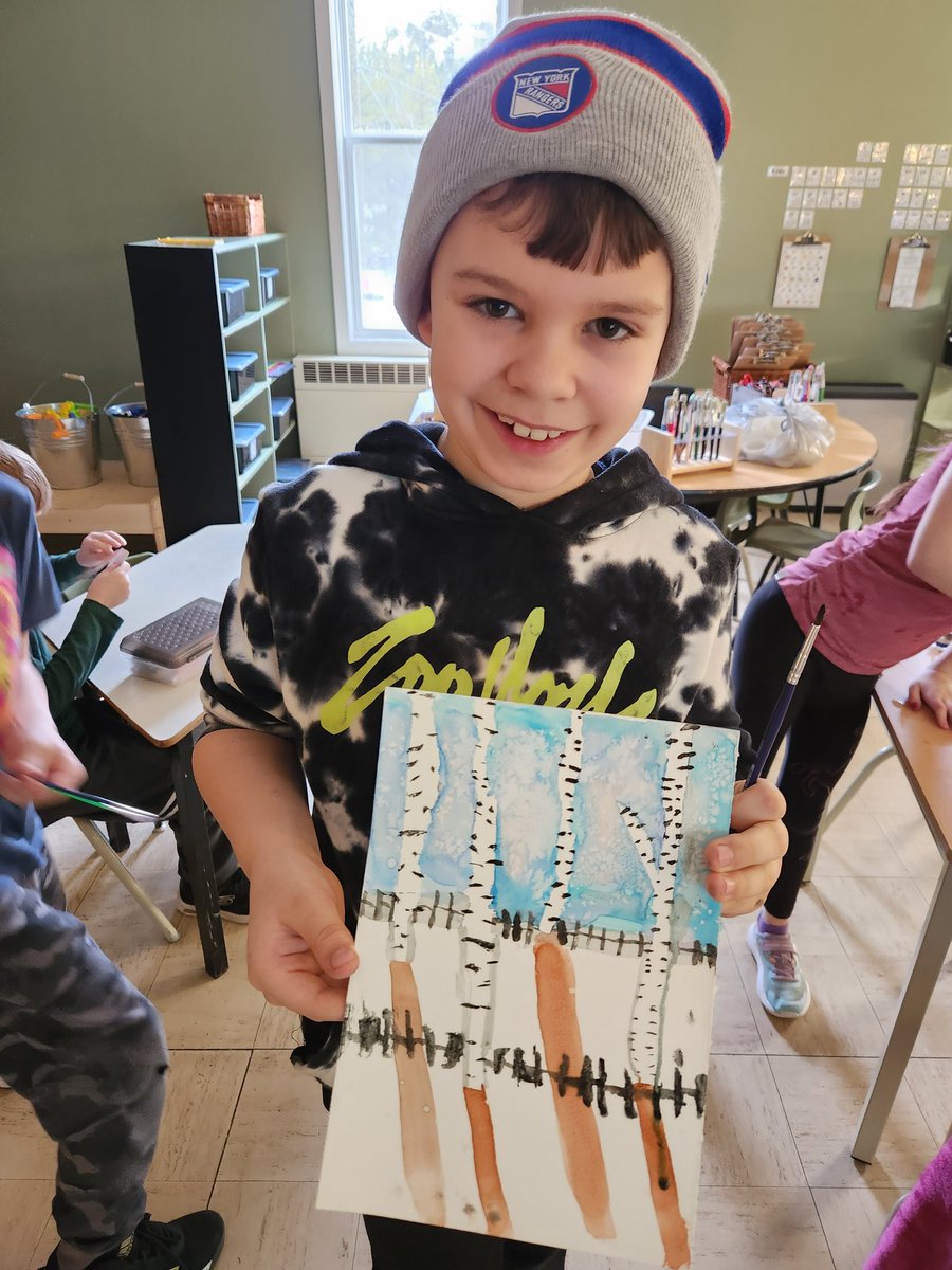 MsFitzSWA's tweet photo. Lots of hard work went into their #DeepSpaceSparkle @GreenwoodGirl winter birch tree art! Watercolours are so beautiful 🎨 It's always sweet to see how excited they are to display their work! @SWATigers https://t.co/KTAZAoA42x