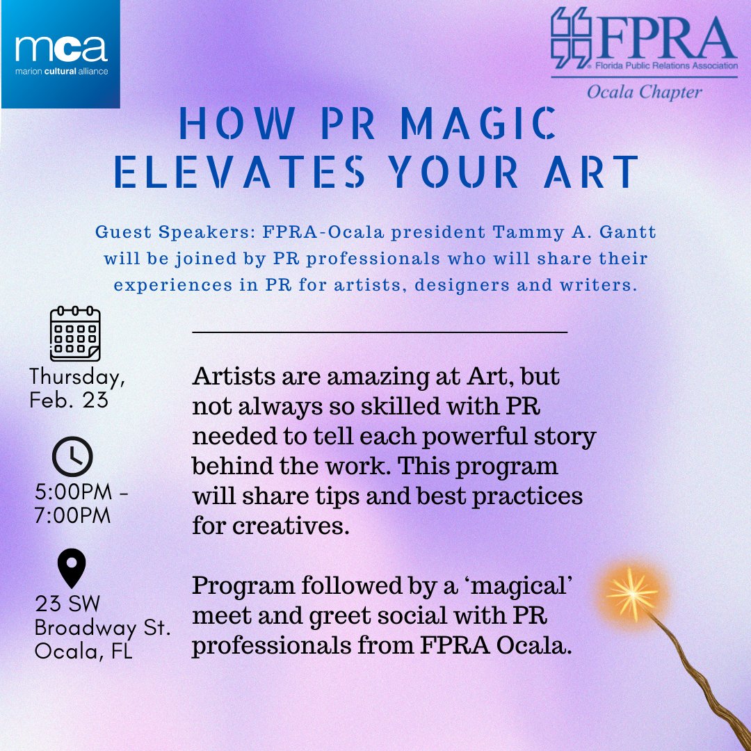 MCAocala's tweet photo. Join us TONIGHT as FPRA Ocala will discuss tips and best practices for creatives. There will also be a silent auction happening.
#mca4art #ocalaartists #professionalworkshop https://t.co/R8GbZg2xxm