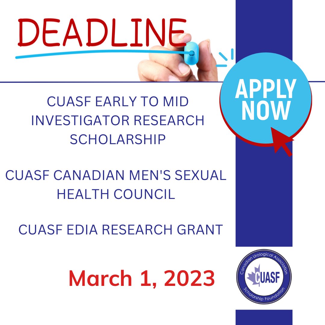 CanUrolAssoc's tweet photo. 🗓️#CUASF grant deadline for 3 grants is MARCH 1st, 2023! Apply NOW!
⏩https://t.co/OBhbwymxoL
@WesKassouf @RHamiltonUrol @anilkapoormd https://t.co/FjilNFOml8