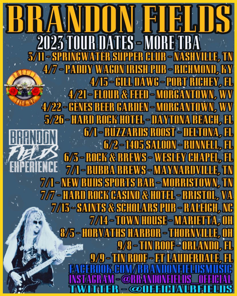 officialbfields's tweet photo. Couple new dates added! Come out and see me! 2023 is shaping up to be a good year! I’ll keep updating this flyer as dates keep coming in!
#Brandonfieldsexperience #prettytiedup #brandondields #minefield #minefieldusa #vintagetone #vintageguitars #supportlivemusic https://t.co/dsvRwFgwUA