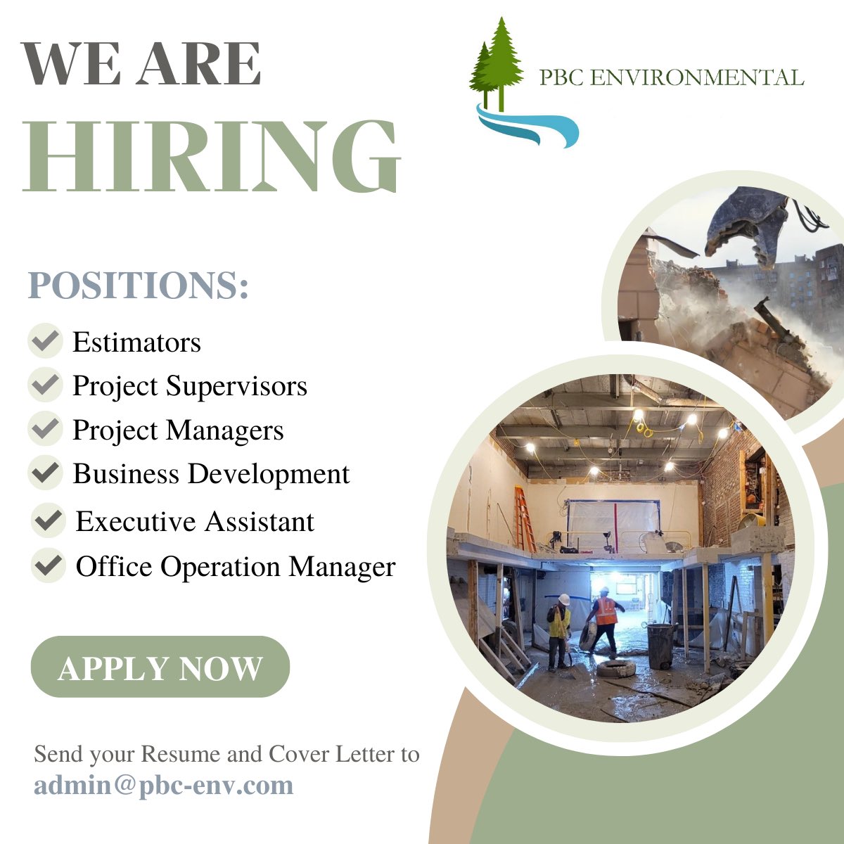 PBCENV's tweet photo. WE'RE GROWING! HEAR ALL ABOUT THE REWARDING OPPORTUNITIES WE HAVE AVAILABLE AND JOIN OUR TEAM.

Estimators
Project Supervisors
Project Managers
Business Development 
Executive Assistant
Office Operation Manage

To apply please send your CV &amp; Resume to admin@pbc-env.com
#hiring https://t.co/FqKmpD4Uyp