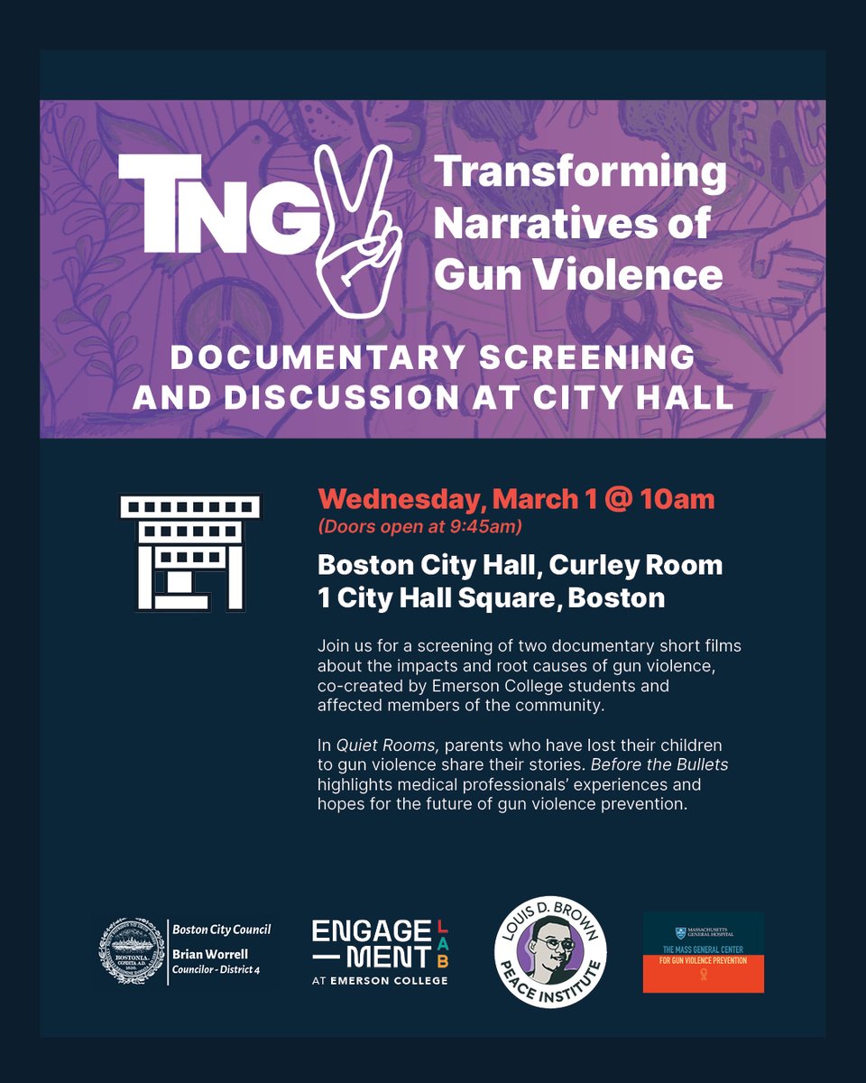VoteWorrell's tweet photo. Join us for a screening of two documentary short films
about the impacts and root causes of gun violence,
created by @EmersonCollege students and
affected members of the community.

🗓Wednesday, March 1 @ 10am

📍Boston City Hall, Curley Room
1 City Hall Square, Boston
#bospoli https://t.co/JE37hoTi53