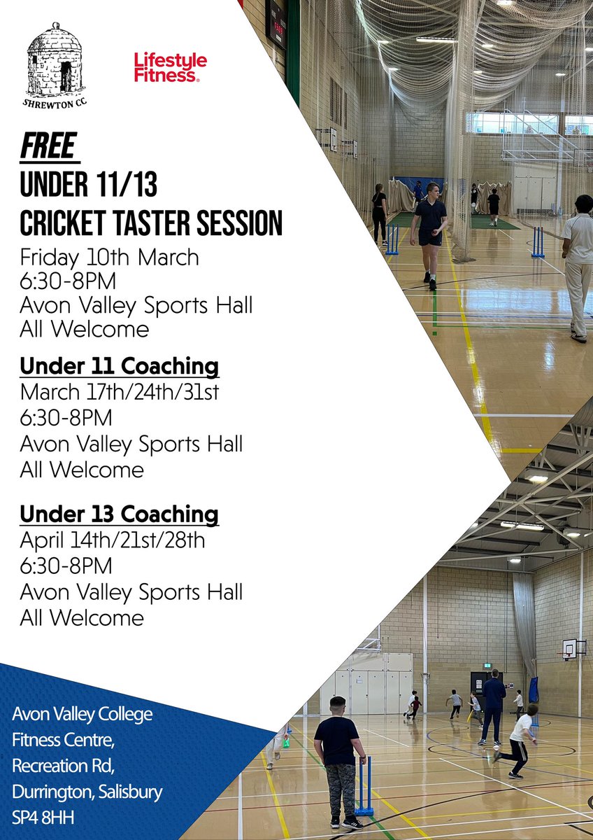 ShrewtonCC's tweet image. Our junior training starts in March for our U11s and U13s at Lifestyle Fitness on Friday evenings. 
Friday 10th March we’re offering a FREE taster session to all U11s&amp;amp; U13s, all abilities welcome. 🏏 #cricket #grassrootscricket #durrington #amesbury #shrewtoncc #a303 #stonehenge