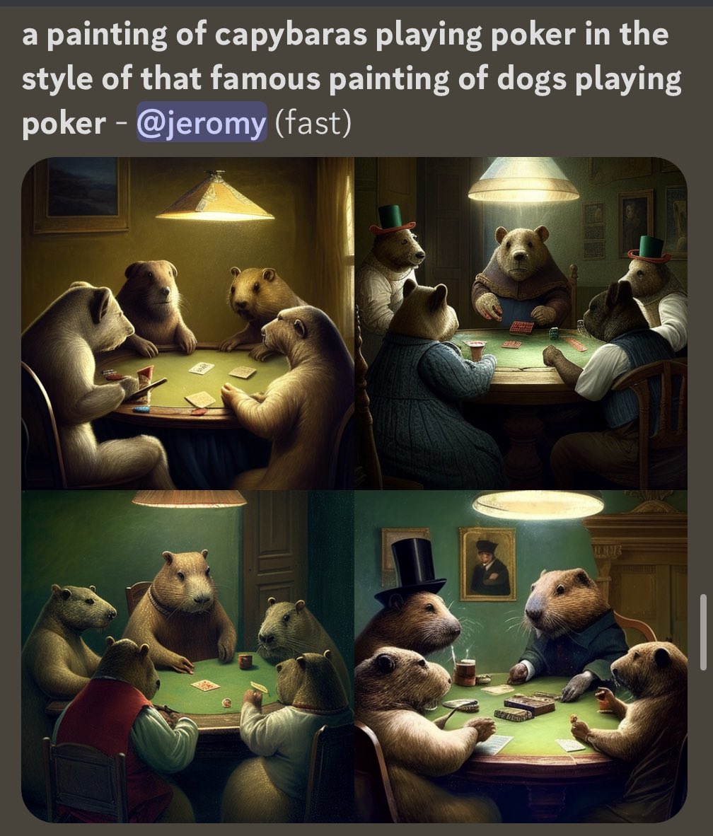 jeromytimmer's tweet photo. My first work of staggering genius on @midjourney_ai #midjourney #ArtificialIntelligence #art #Capybara https://t.co/hcGgqmlzfW
