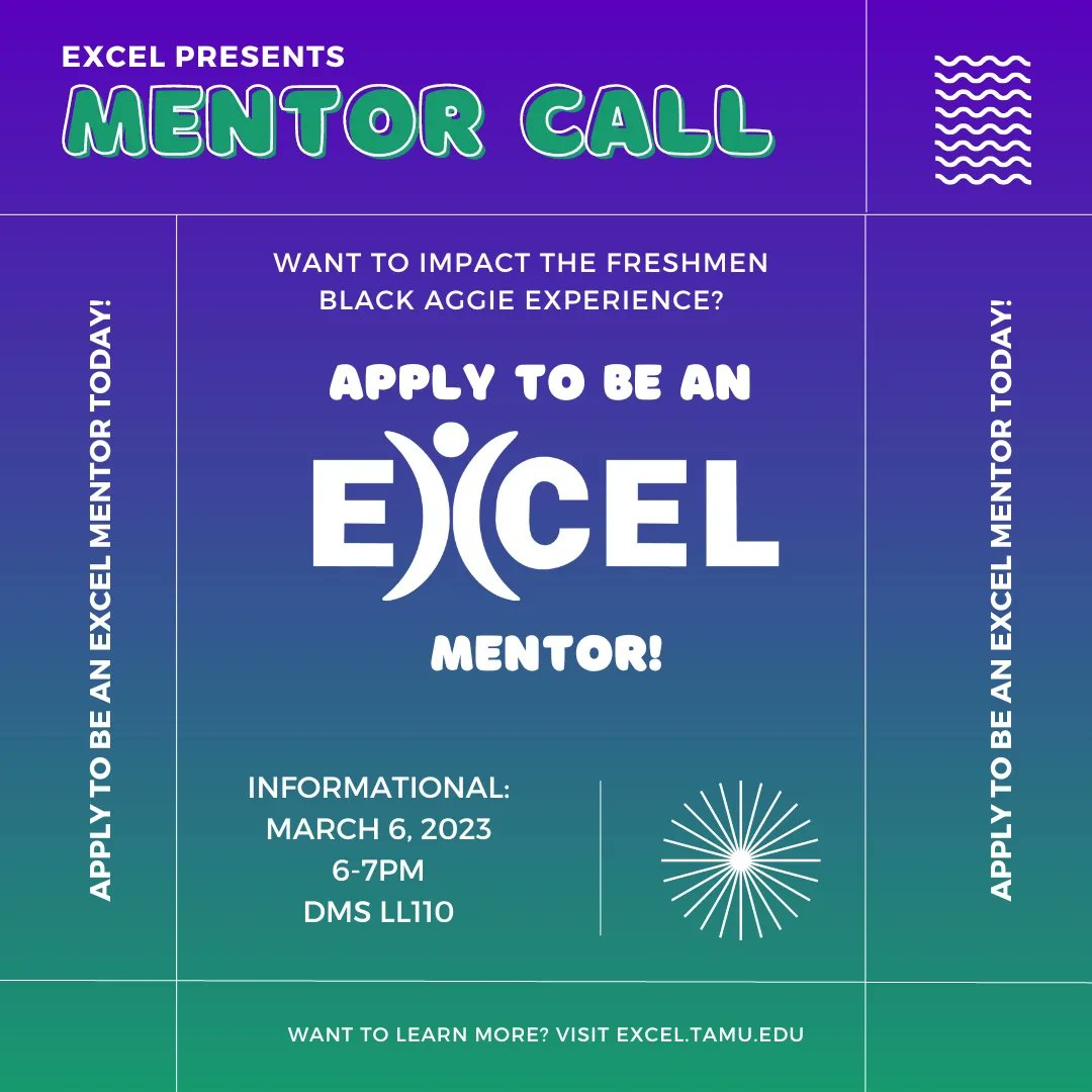 ExCEL Mentor Applications for the 23-24 school year will be opening soon! 

Want to learn more about how to impact the Black Aggie Freshman Experience? Come to our informational on Monday, March 6th at 6pm!