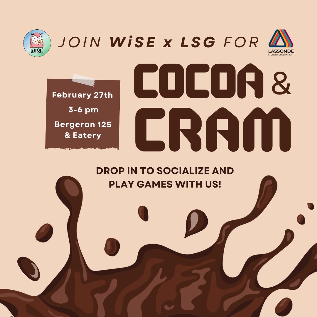 Join us at the BRG 125 for a Cocoa &amp; Cram Session with us and <a href="/govlassonde/">Lassonde Student Gov</a> ☕️🤍🤎
We hope reading week is treating you well, what better way to come back to school for a fun relaxing event?
Open for all for a casual drop-in with snacks and games✨

#wise #yorku #midterms