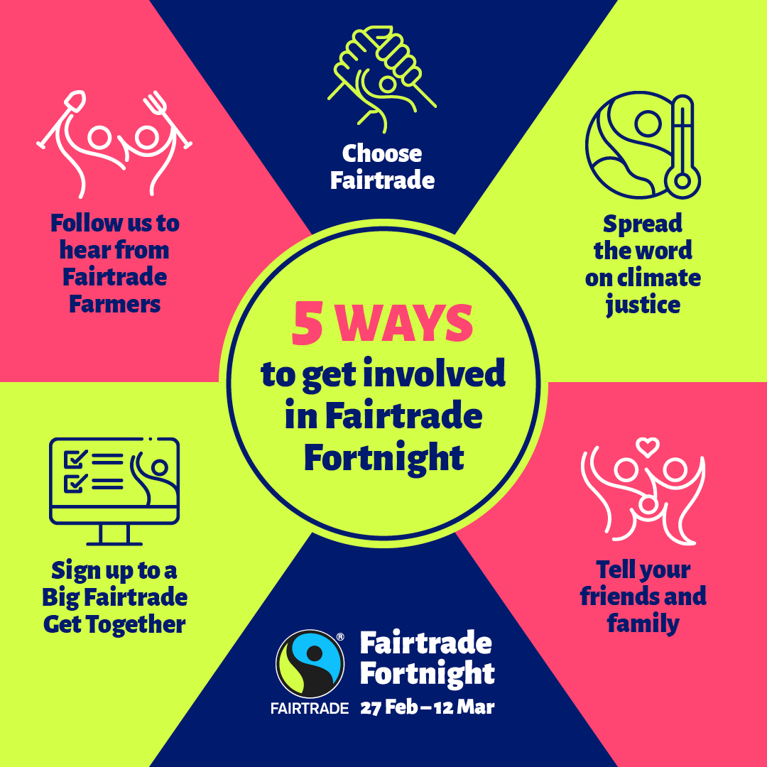5 ways to get involved in #FairtradeFortnight! 👇 We can all support producers in protecting the future of some of our most-loved food and the planet. #ChooseFairtrade 🌍