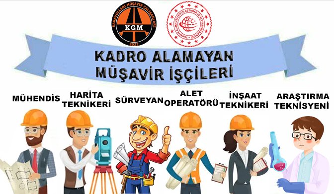 #KgmMüşavireKadroHaktır Karayolları adına bölge müdürlüklerinde,şantiyelerde laboratuvarlarda kısacası her kalemde bizler varız.Taşeronun karayollarındaki karşılığı müşavir firmadır.Kapsam dışı kalmak istemiyoruz.<a href="/vedatbilgn/">Vedat Bilgin</a> <a href="/Yolissendikasi/">YOL-İŞ Sendikası</a> <a href="/turkiskonf/">TÜRK-İŞ</a> <a href="/drsoysal/">ERTUĞRUL SOYSAL</a>
 <a href="/farukozcelikgsb/">Faruk Özçelik</a>