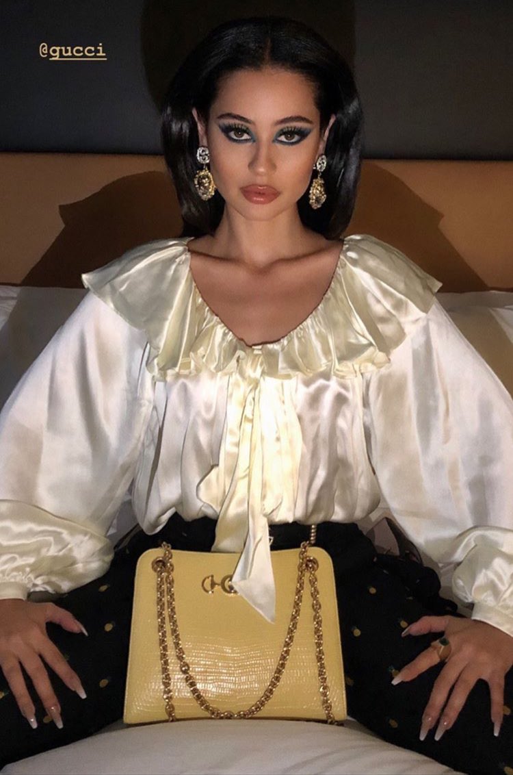 saintdoII's tweet image. alexa demie in a head to toe gucci look at a gucci handbag shop opening