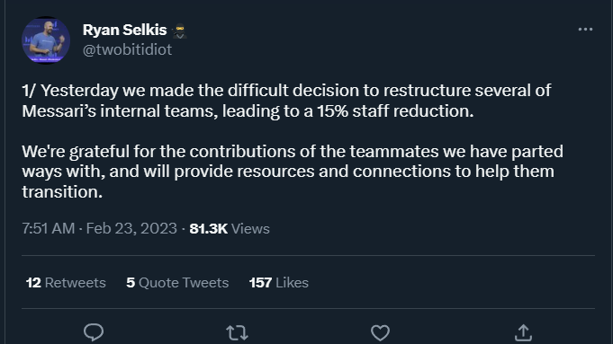 cryptohippo65's tweet photo. More crypto layoffs = Bullish
The reason behind this could be due to the fact that a bug has been exposed that shows you can get access to Messari for free.
The account highlighted it to get the bug fixed, & was blocked by Ryan.
Failure starts with bad leadership. #Failureship https://t.co/U5B50nUKWz