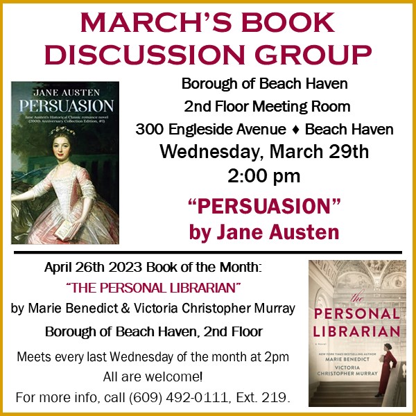 Next month's Book Discussion Group will meet on the 2nd floor at the Borough of Beach Haven, March 29th at 2pm.

#BeachHaven #LibrariesOfInstagram  #LongBeachIsland #LBI #Historical Fiction