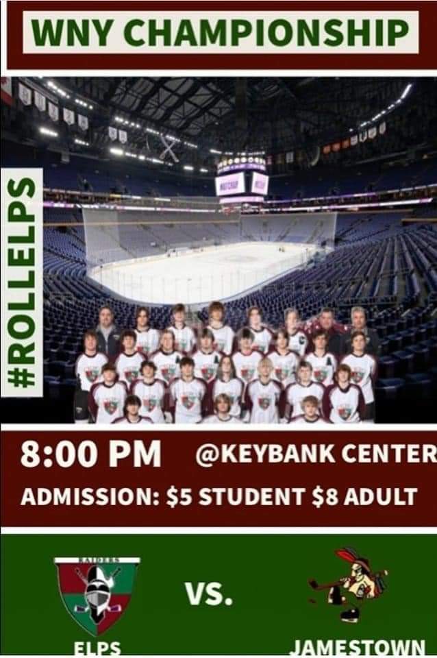 AthleticsLSC's tweet photo. Varsity E.L.P.S. Hockey at Keybank Center tomorrow 2/24 8pm vs Jamestown for Club Hockey Championship. https://t.co/ve0uh5bhTY
