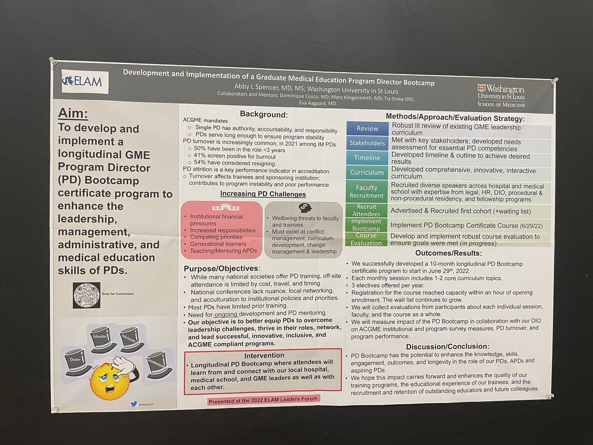 abbyWUim's tweet photo. 🩺🥼📚Sneak Peek! Just hung up my @ELAMProgram project poster at #ACGME2023 for the session tonight! Very excited to share our @WUSTLmed @WashUAcadEd #PDBootcamp longitudinal certificate program for #PDs & aspiring PDs. Stop by #58 at #MeaningInMedicine to chat w @dcoscomd & me! https://t.co/Kuk4fA04of