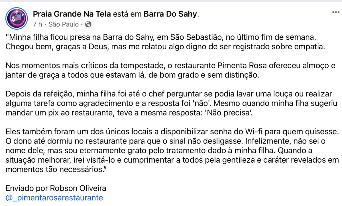 ViddaBR's tweet photo. Gostaria de indicar a vocês:
Restaurante Pimenta Rosa
Av. Adelino Tavares, 332 - Praia Barra do Sahy, São Sebastião/SP.
MOTIVO: o dono merece. https://t.co/VBFkGMLInh