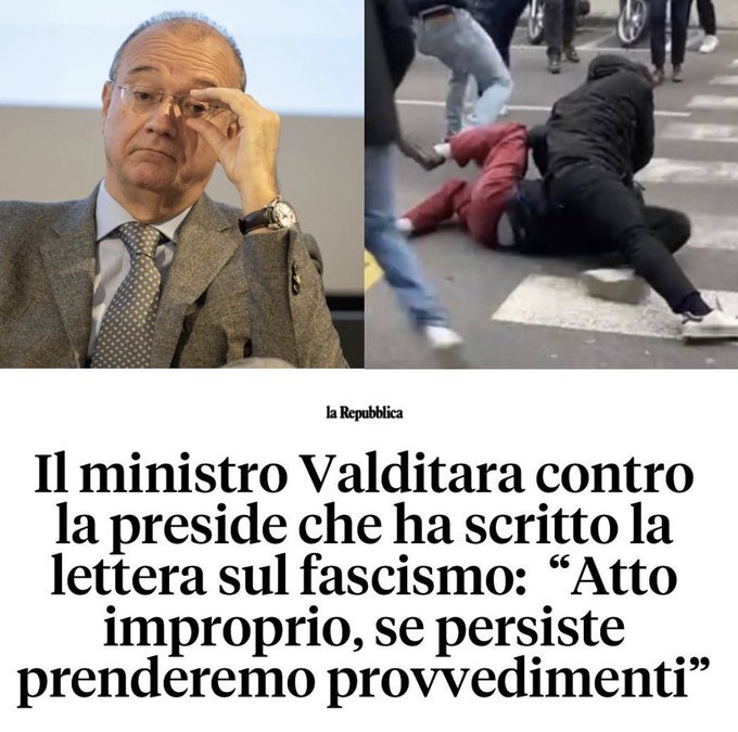 Fede_DeMarco03's tweet photo. È necessaria una forte condanna della schifosa #aggressione squadrista avvenuta nei giorni scorsi a #Firenze. 
È imbarazzante che il ministro #Valditara non esprima cordoglio agli studenti pestati ma minacci provvedimenti contro una #preside.
#ValditaraDimettiti #Fascismo https://t.co/jrMoh7RnAb