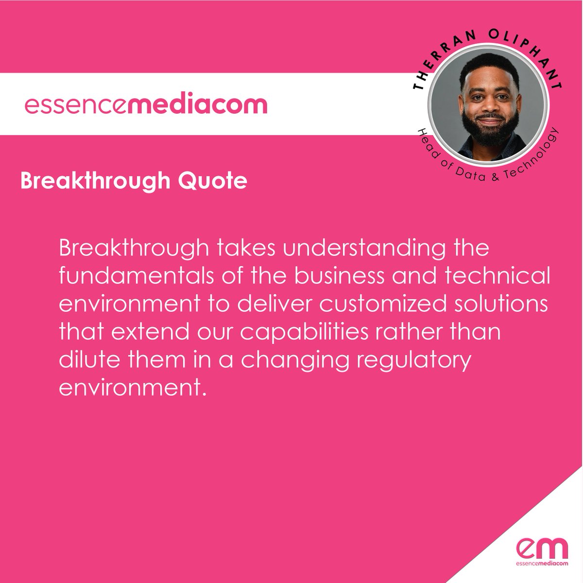 emc_usa's tweet photo. Today we introduce breakthrough leader Therran Oliphant, EM US Head of Data and Technology. Therran shares his point of view on what being a breakthrough agency - and leader - means in practice💡 

#thoughtleadership #media #data @Therran https://t.co/X8WVFEJB66