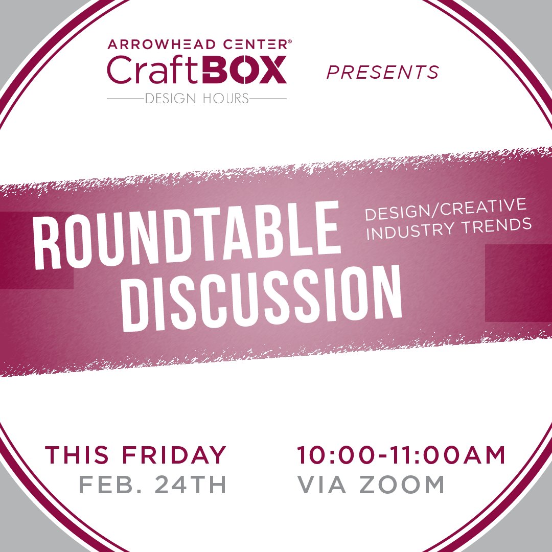 ATI_Arrowhead's tweet photo. Join us this Friday, February 24th, at 10 AM for another #ArrowheadCenter #CraftboxDesignHours! We will be covering upcoming trends and current trends for the year along with design rates and how to market yourself. Join via #Zoom: https://t.co/xxC2PW8vtK https://t.co/XWI5FiMvwK
