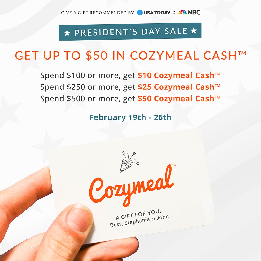 Make your favorite foodie’s day and get a bonus gift of your own with our President’s Day gift card promotion!  

Sale ends in a few days, so head to our website now: cozymeal.com/gift-cards/new
