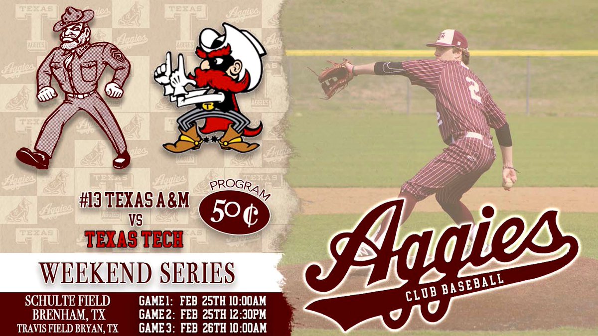 Weekend Series‼️

Aggies take on Texas Tech in a non-conference series this weekend! Saturdays games will be in Brenham, TX and Sundays game will be in Bryan, TX. Games are free so come out and support!!

#GigEm #AgsClubBaseball