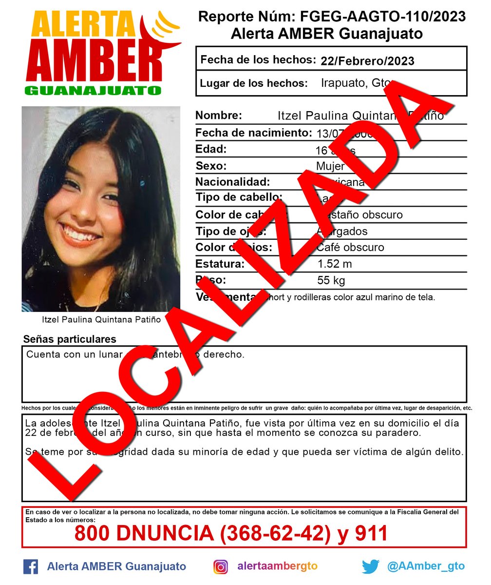 Desactivación de la Alerta AMBER Guanajuato de la adolescente Itzel Paulina Quintana Patiño, de 16 años de edad, Irapuato, Gto. ¡Gracias por tu ayuda!