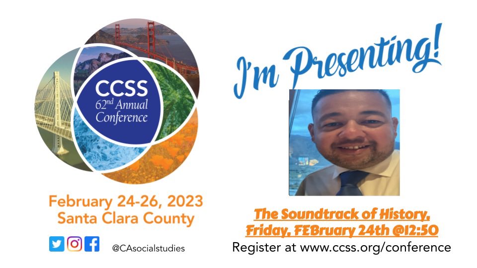 #ccss23 on day till my first time presenting @CAsocialstudies. @Flocabulary #cnnsoundtracks @TeachRock will be showcased. Friday. February 24th @12:50 thank you to @historysandoval @scottmpetri @stacyyung @creativeedtech for always inspiring educators.