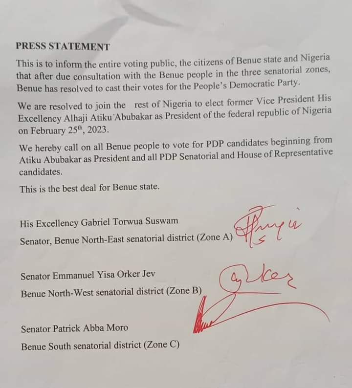 Senatortambuwal's tweet image. BREAKING: All three serving senators from Benue State dump Governor Samuel Ortom, pledge support for Atiku Abubakar. They made the #SafeChoice