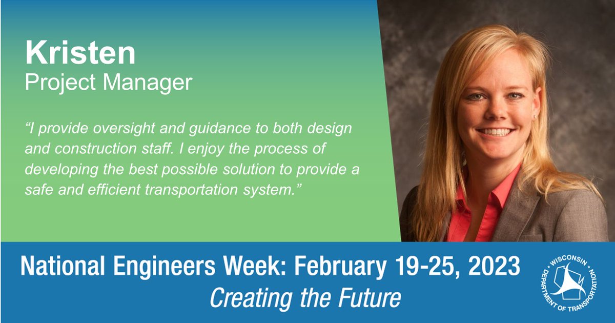 WisDOTnortheast's tweet photo. Kristen designs highway improvement projects for WisDOT’s Northeast Region. As project manager for all Calumet County, Kristen ensures her designs meet the safety needs for all users of Wisconsin highways. #Eweek2023 https://t.co/B0NUM6fiN4