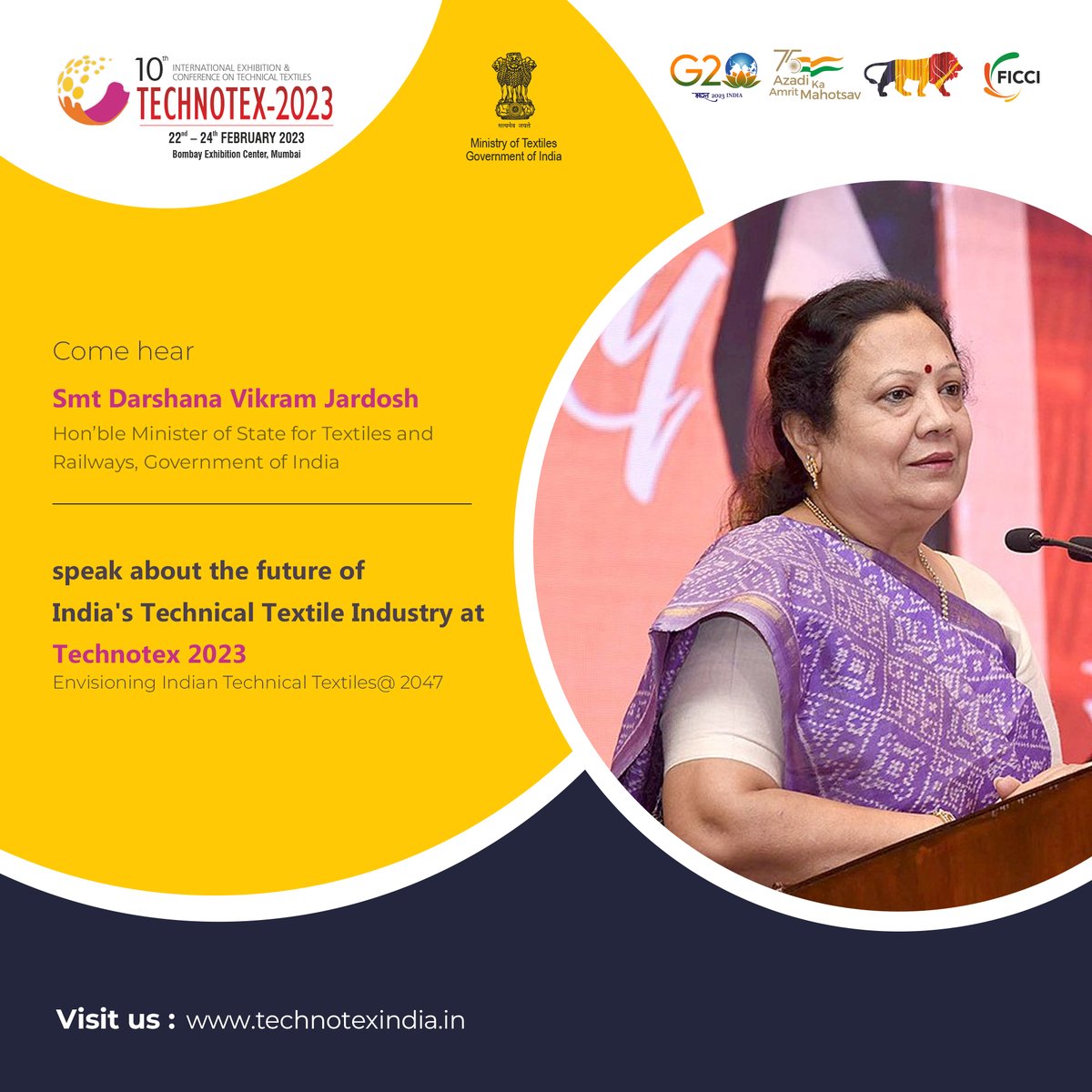 technotex2023's tweet photo. Come hear Smt @DarshanaJardosh , Hon’ble Minister of State for Textiles and Railways GoI speak about the future of India's technical textile industry at technotex 2023 Envisioning Indian Technical Textiles@ 2047 on February 24 at  Bombay Exhibition center . @g20org @narendramodi https://t.co/ROFn6Fhz4F