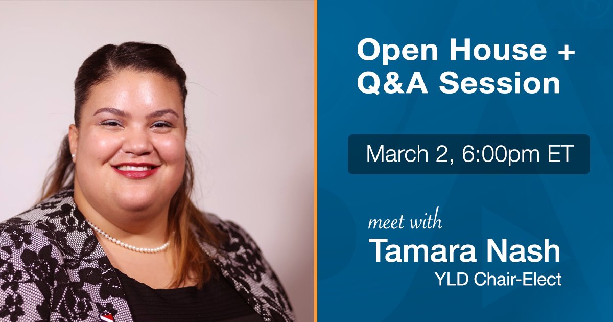 Are you interested in volunteering with the ABA YLD in 2023-24? Chair-elect @TamNash912  will be hosting a virtual Open House + Q&amp;A Session on March 2nd to meet with you, answer any questions you may have. 

Sign up to attend here:
americanbar.zoom.us/meeting/regist…

#younglawyers #yld
