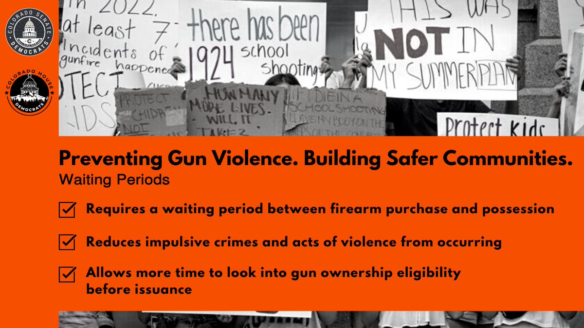 COSenDem's tweet photo. Waiting periods reduce both homicide and suicide rates by preventing people from acting impulsively. 

Delaying access to firearms allows for a more thorough background check and prevents guns from being in the hands of dangerous individuals.

#coleg #copolitics https://t.co/GmslB4hOlV