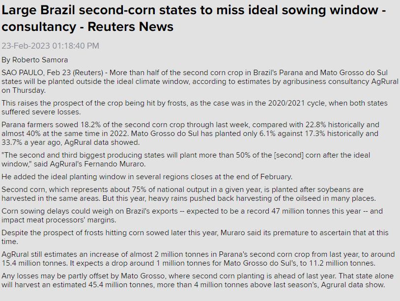 kannbwx's tweet photo. 🇧🇷More than half of #Brazil's 2nd #corn is being planted outside the ideal window. My findings suggest even moderate delays in the past notably raised yield sensitivity to weather. No need for panic yet but also shouldn't be downplayed. Also this is where China gets its corn now. https://t.co/LZSWZmYK11