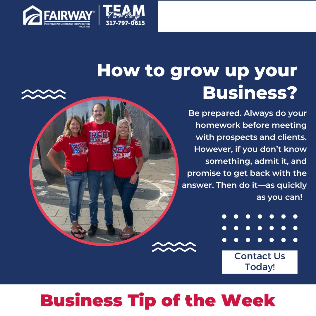 angieturley's tweet photo. Be prepared. Always do your homework before meeting with prospects and clients. However, if you donβt know something, admit it, and promise to get back with the answer. Then do itβas quickly as you can! π‘ #TeamTurley #FairwayNation #BusinessTipOfTheWeek #ThursdayTip β€οΈπΊπΈπ https://t.co/DW3m0HUGip