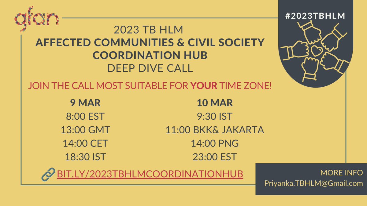 Don't miss out! The #2023TBHLM Affected Communities &amp; Civil Society Coordination Hub is hosting its 2nd monthly calls on 9 &amp; 10 Mar. Join us for updates on the Leadership Group &amp; plans for #WorldTBDay. Let's unite &amp; take action to #EndTB!
🔗bit.ly/2023TBHLMCoord…