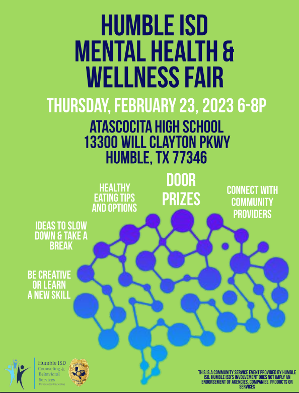 HumbleISD_AMS's tweet photo. AMS: Mental Health &amp; Wellness Fair TONIGHT, 6 to 8 p.m. at AHS. Families can connect with licensed professional counselors, specialist primary care providers, hospitals serving the Humble community, and much, much more. See the email for more details on why you should attend. https://t.co/ZSl0cEjlDb
