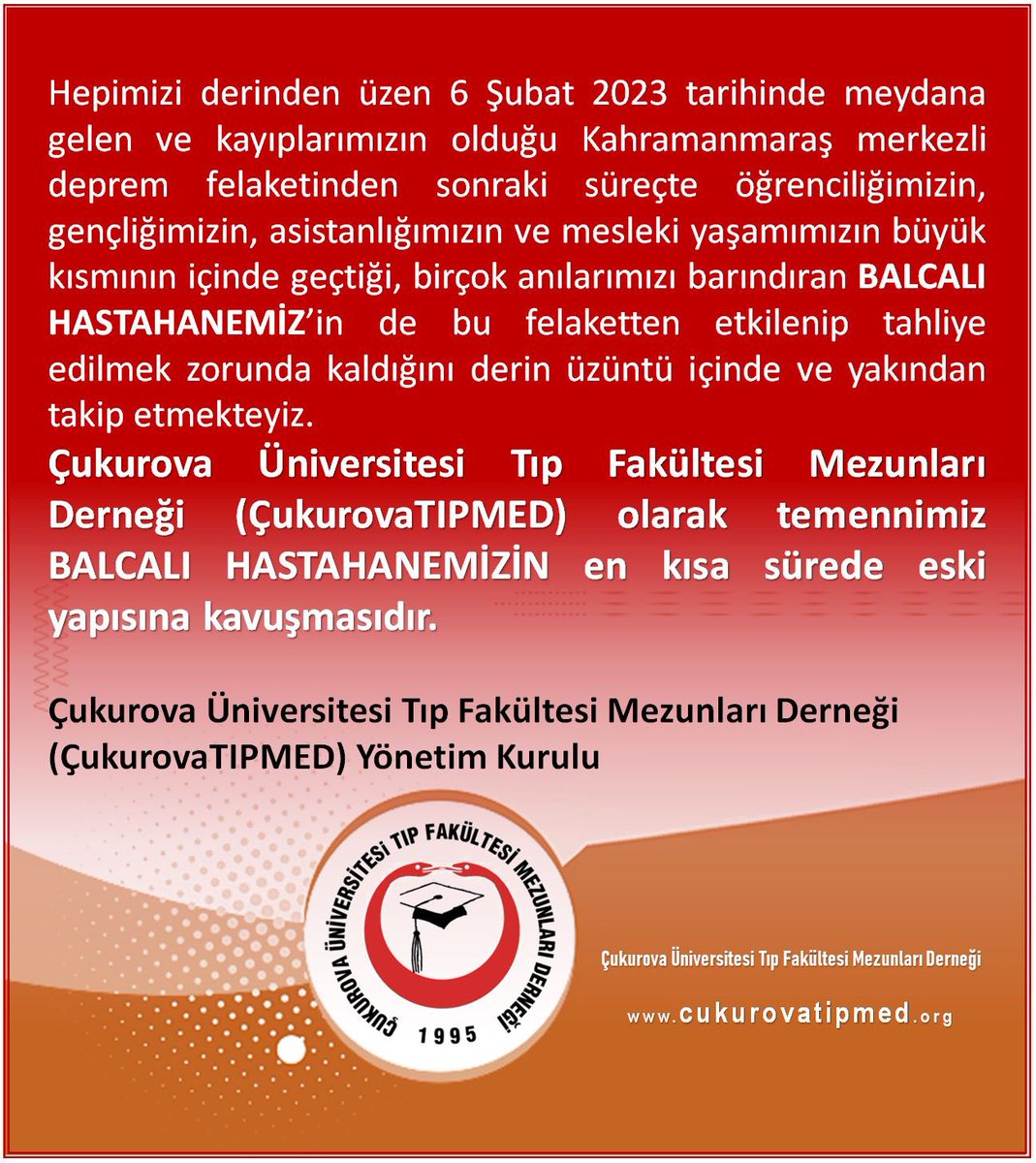cukurovatipmed's tweet photo. @cuhabermerkezi @adana_sm @TCAdanaValiligi @saglikbakanligi @drfahrettinkoca 

Çukurova Üniversitesi Tıp Fakültesi Mezunları Derneği olarak temennimiz hastahanemizin en kısa sürede eski yapısına kavuşmasıdır. https://t.co/22LCXbivzS