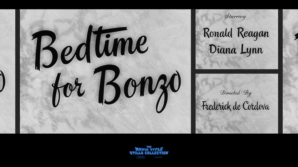 BEDTIME FOR BONZO (1951) title sequence
annyas.com/screenshots/up… #TitleSequence

Directed by: Frederick de Cordova 
Starring: Ronald Reagan, Diana Lynn, Walter Slezak, Lucille Barkley, Jesse White