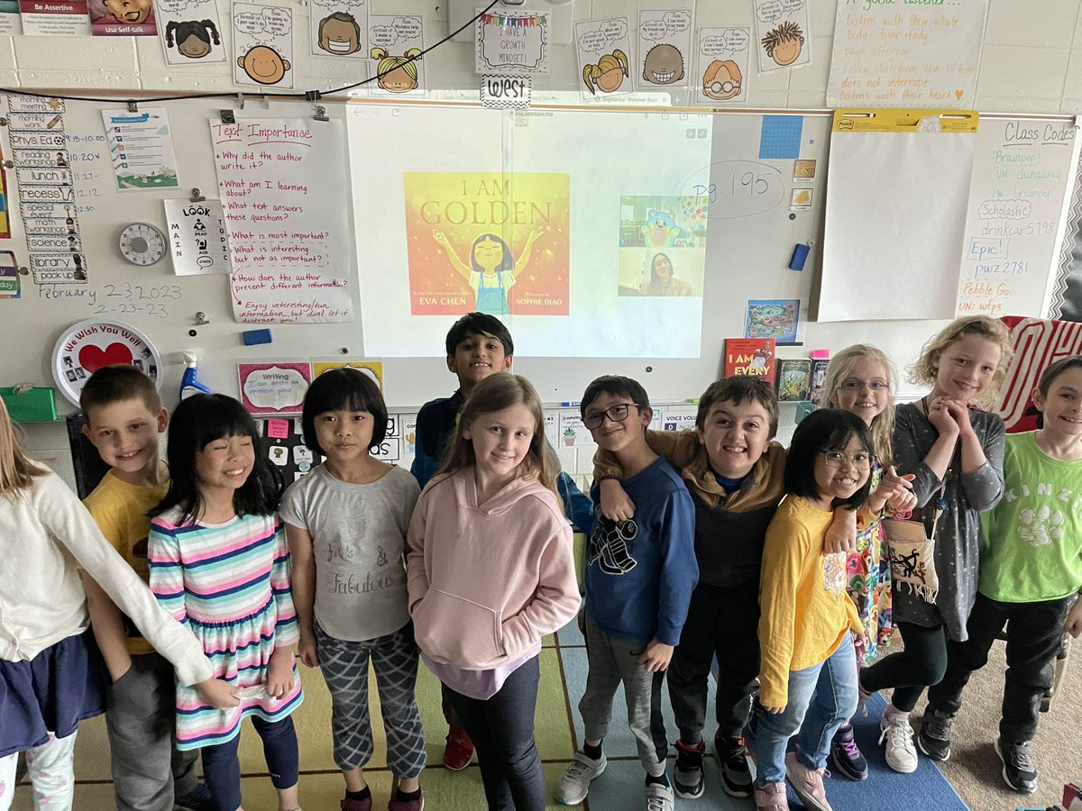 Ketchingham34's tweet photo. So cool to hear @evachen212 read aloud her book “I am Golden”.  2nd graders at Winfield are wondering where you get inspiration from? Thanks for reading to us! #winfield34 #seesaw https://t.co/vUGXZDQ3RB