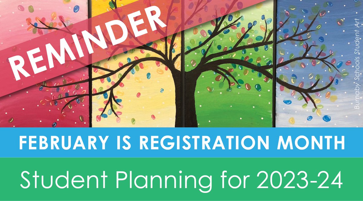 It's registration month. Register &amp;/or apply in February if you are:
* Starting Kindergarten
* Applying for French Immersion &amp; other Programs of Choice (deadlines vary)
* Applying to attend a school other than your home school
* New to Burnaby
Learn more: ow.ly/oi7550MktGy