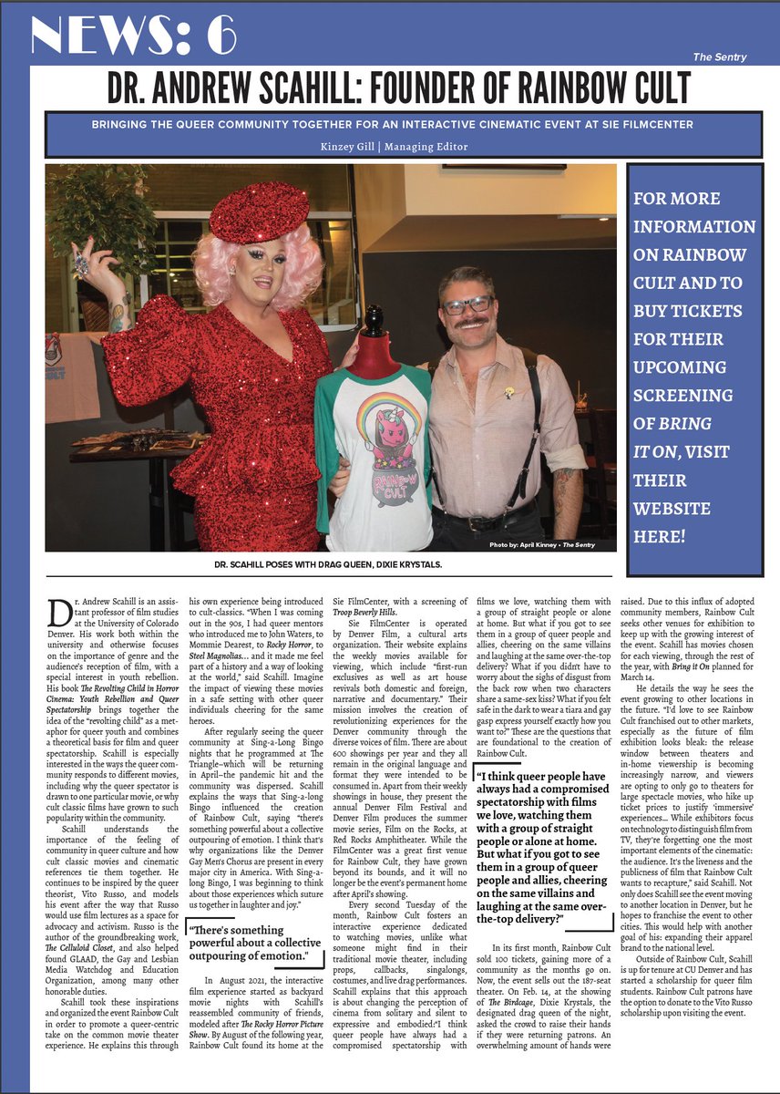andrewscahill's tweet image. THE SENTRY did a feature this on Rainbow Cult, its success, and our future plans for the event. 🌈
Full issue: online.flippingbook.com/view/106760830…
Next show is March 14 with BRING IT ON: rainbowcultdenver.com