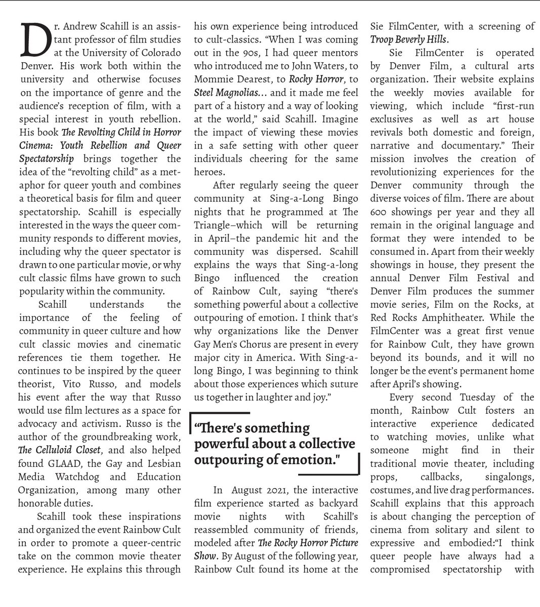 andrewscahill's tweet image. THE SENTRY did a feature this on Rainbow Cult, its success, and our future plans for the event. 🌈
Full issue: online.flippingbook.com/view/106760830…
Next show is March 14 with BRING IT ON: rainbowcultdenver.com