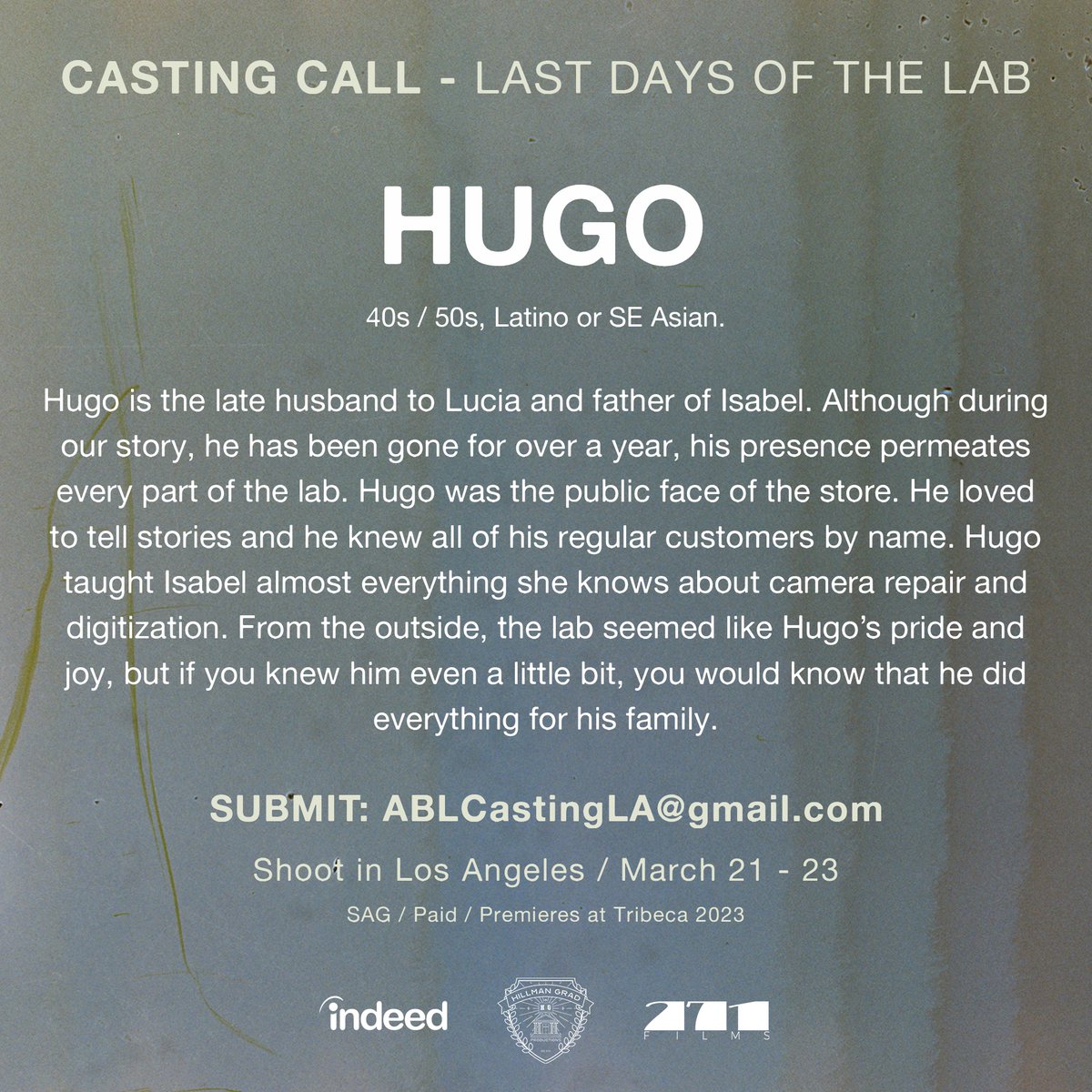 shotbymaria's tweet photo. CASTING CALL - LAST DAYS OF THE LAB
Rising Voices - Season 3

Dates: March 21 - 23
Location: Los Angeles, CA
Roles: Isabel, Lucia, Hugo

SAG / Paid
Premieres at Tribeca 2023

Email ABLCastingLA@gmail.com (with subject line ‘LDOTL - Role’) with your name, city, and headshot. https://t.co/3qql97UlEl